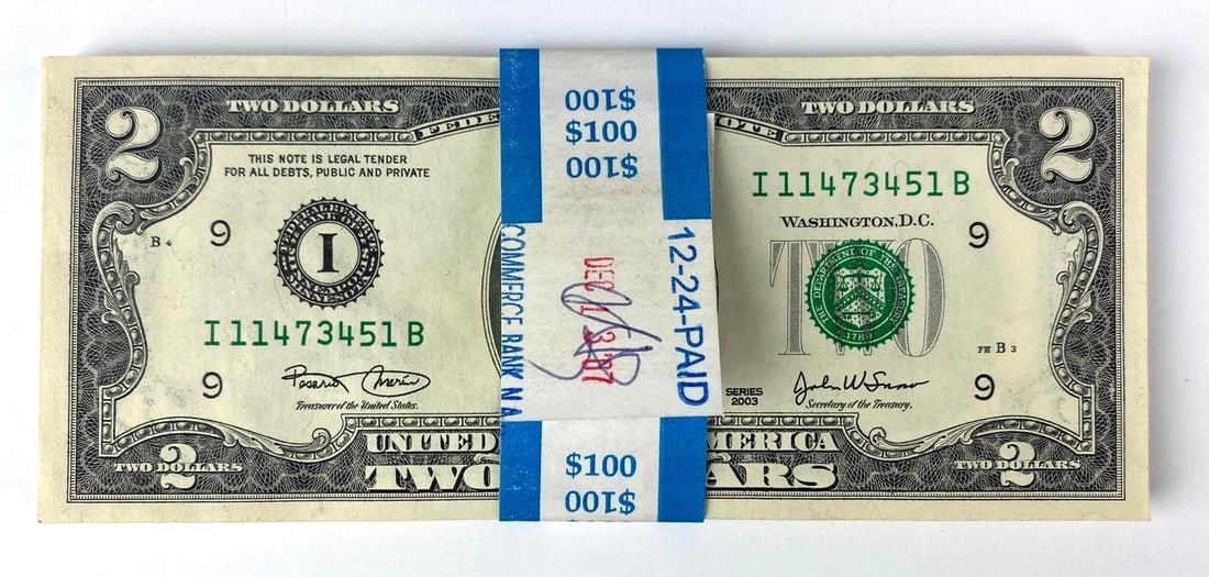 Group of 50 $2 Consecutive Serial Number Bank Notes: Series 2003, band not connected