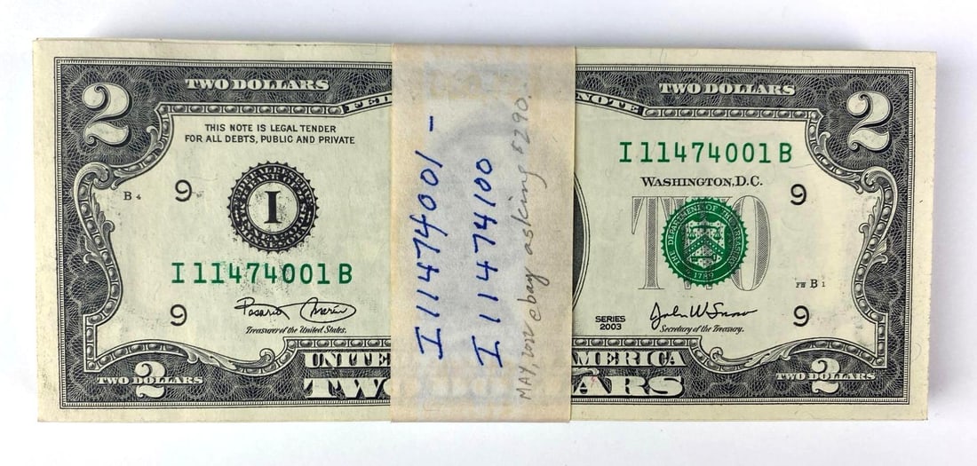 Group of 100 US $2 Consecutive Serial Number Bank Notes: Series 2003, Inclufed I1147001 - I1147100