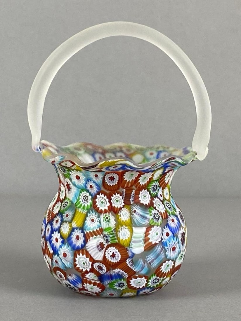 Murano Mosaic Millefiori Frosted Art Glass Basket: 4? H x 3 1/2? W x 3? D