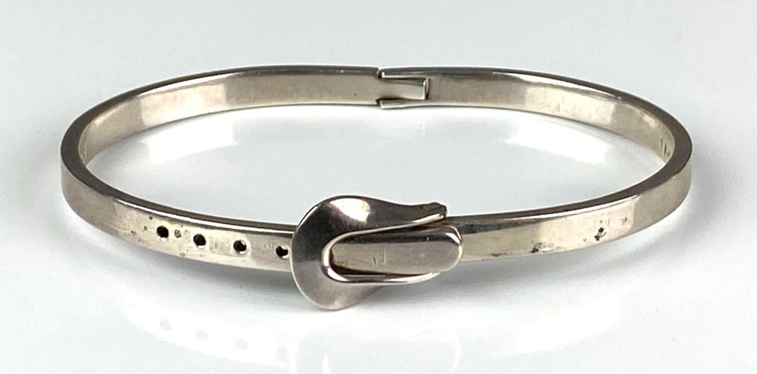 Mexican Signed Sterling Silver Adjustable Belt Cuff Bracelet: Maximum inner circumference measures 7