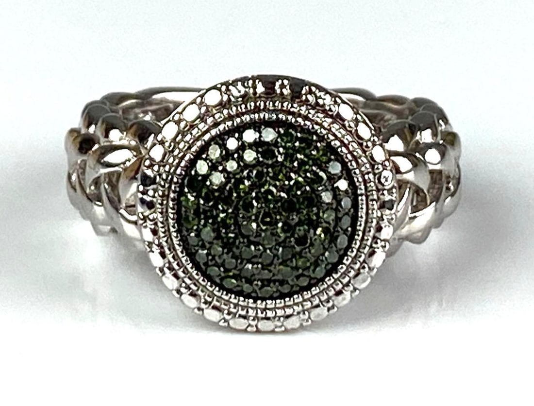Sterling Silver Emerald Cluster Woven Band Ring: Size 7