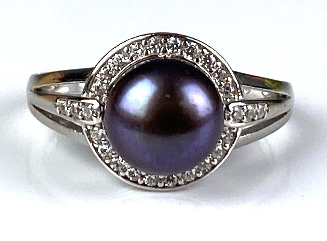 Sterling Silver Faux Pearl CZ Ring: Size 9