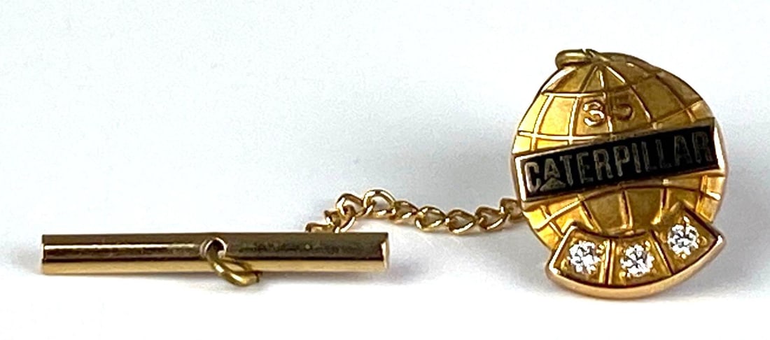 14K Yellow Gold Caterpillar 35 Year Commemorative Diamond Tie Pin: Total weight of 6.1 grams, Measures 1/2? H x 2 1/4? L