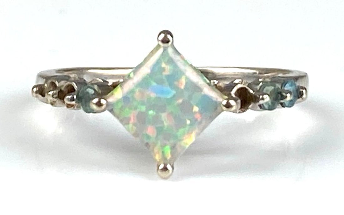 Signed 10K White Gold Square Opal Blue Spinel Ring (1 of 4)