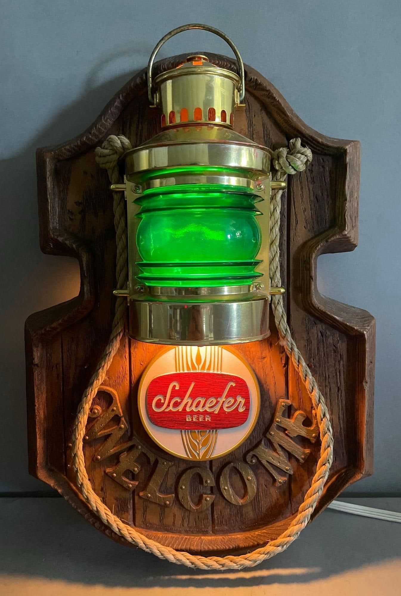 Vintage Schaefer Beer Nautical Light-Up Advertising Sign: Working condition green light, measures 19" x 13 1/2" x 4 1/2"