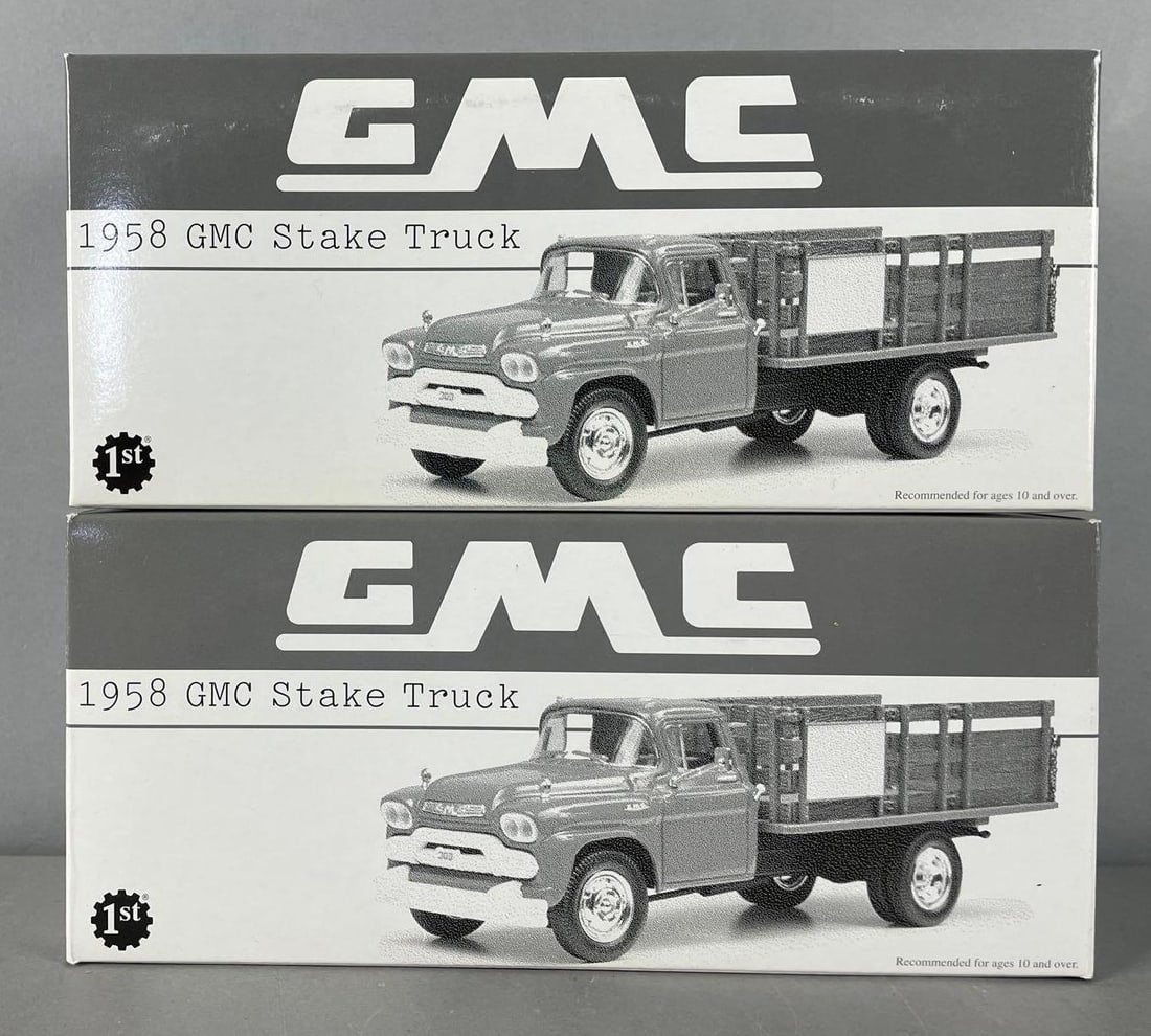 Group of 2 First Gear Die-Cast 1958 GMC Stake Trucks: 1/34 scale, Tonka farms, Eastwood automobilia