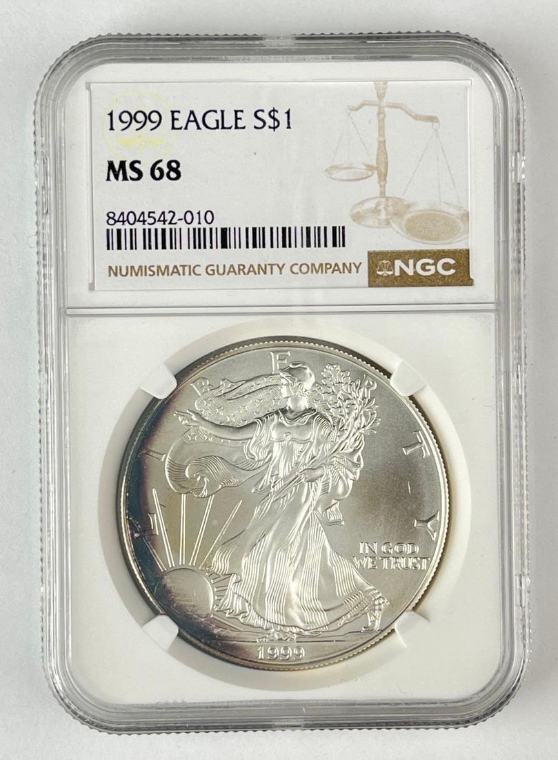 1999 US $1 American Silver Eagle 1 oz Fine Silver NGC MS68: 1999 US $1 American Silver Eagle 1 oz Fine Silver NGC MS68