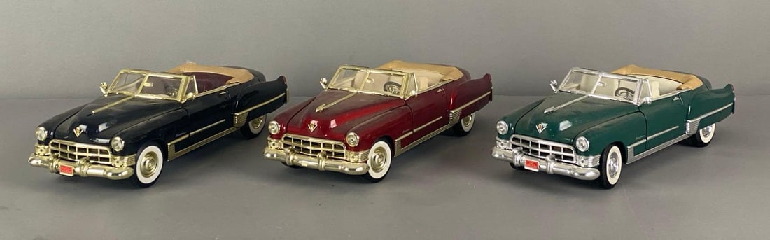 Group of 3 1949 Cadillac Coupes: Die-cast, 1/18 scale, some missing parts, needs cleaning