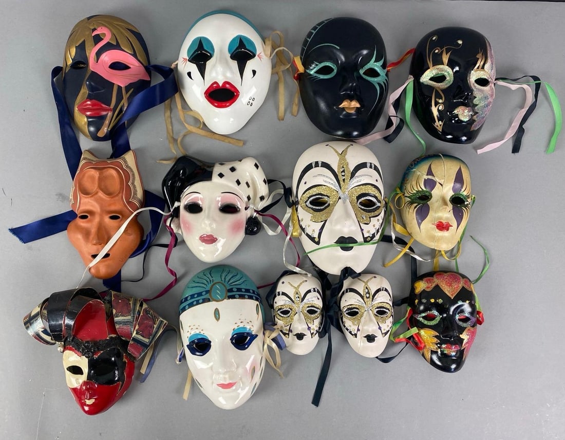 Group of Porcelain Miniature Masquerade Masks: some cracked and repaired, largest measures 8? H x 5? W x 3? D
