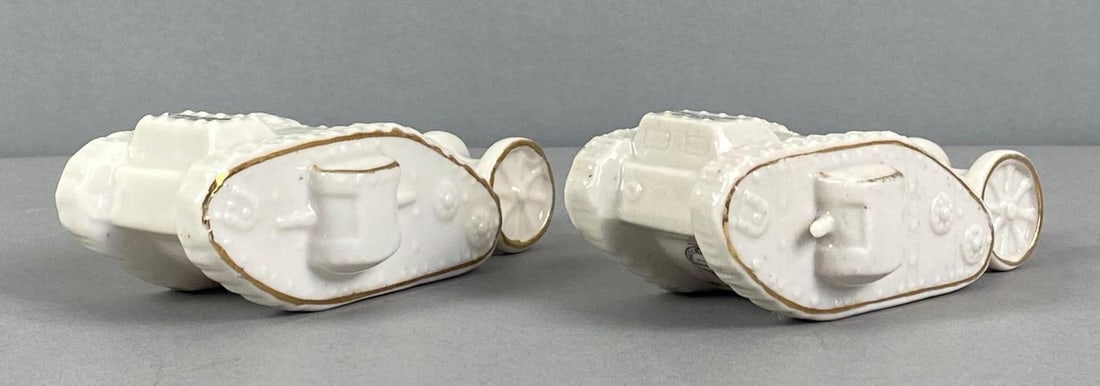 Group of 2 Antique WW1 British Tanks Porcelain Souvenirs: includes Walsall and grimsby, marked on base, each measures 1 3/4? H x 3? W x 5? D