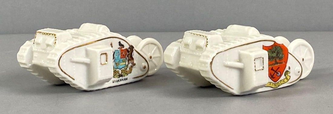 Group of 2 Antique Shelley WW1 British Tanks Porcelain Souvenir: includes Sydenham and cannock, each marked on base, each measures 1 3/4? H x 2 1/2? W x 4 1/2? D