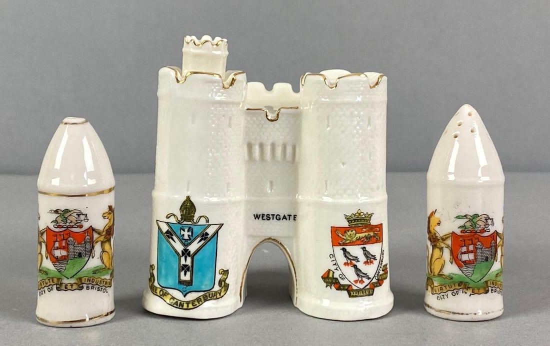 Group of 3 Antique WW1 Porcelain Souvenirs: Includes Canterbury westgate, and Bristol salt and pepper shakers, largest marked on base, largest measures 3 3/4? H x 3 1/2? W x 2 1/4? D