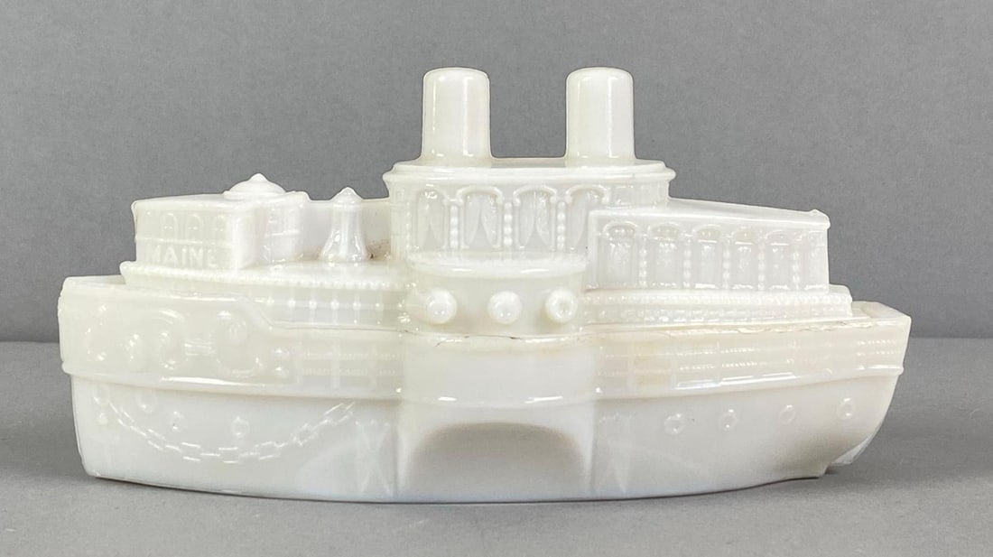 Antique USS Maine Battleship White Glass Covered Candy Dish: Measures 4? H x 4? W x 8? D