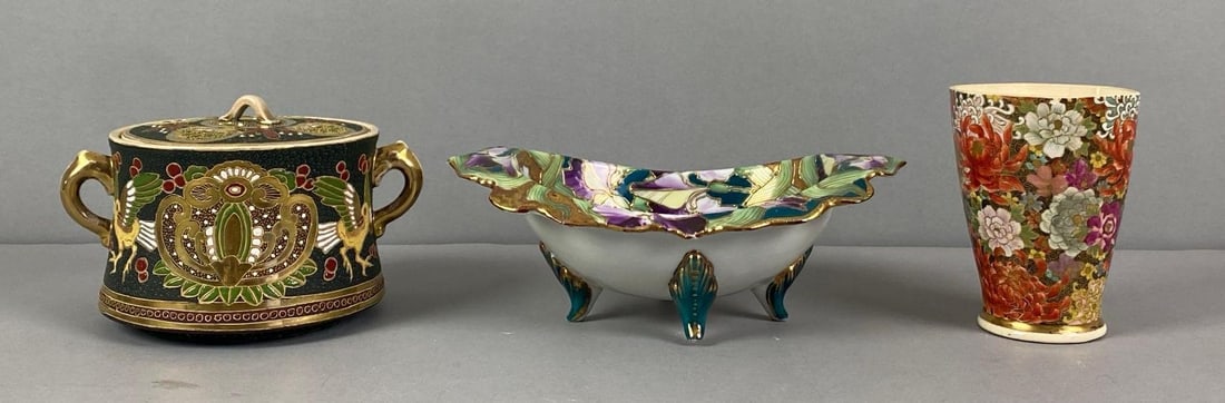 Group of Japanese Cloisonn? Style Pottery: All marked on base, largest measures 3? H x 9? W x 6? D