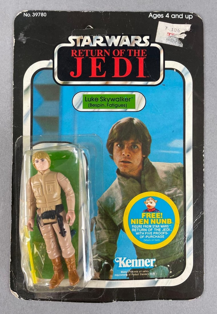1983 Kenner Star Wars Return of the Jedi Luke Skywalker Bespin Fatigues Action Figure: still has pinch, damaged blister, wrinkles