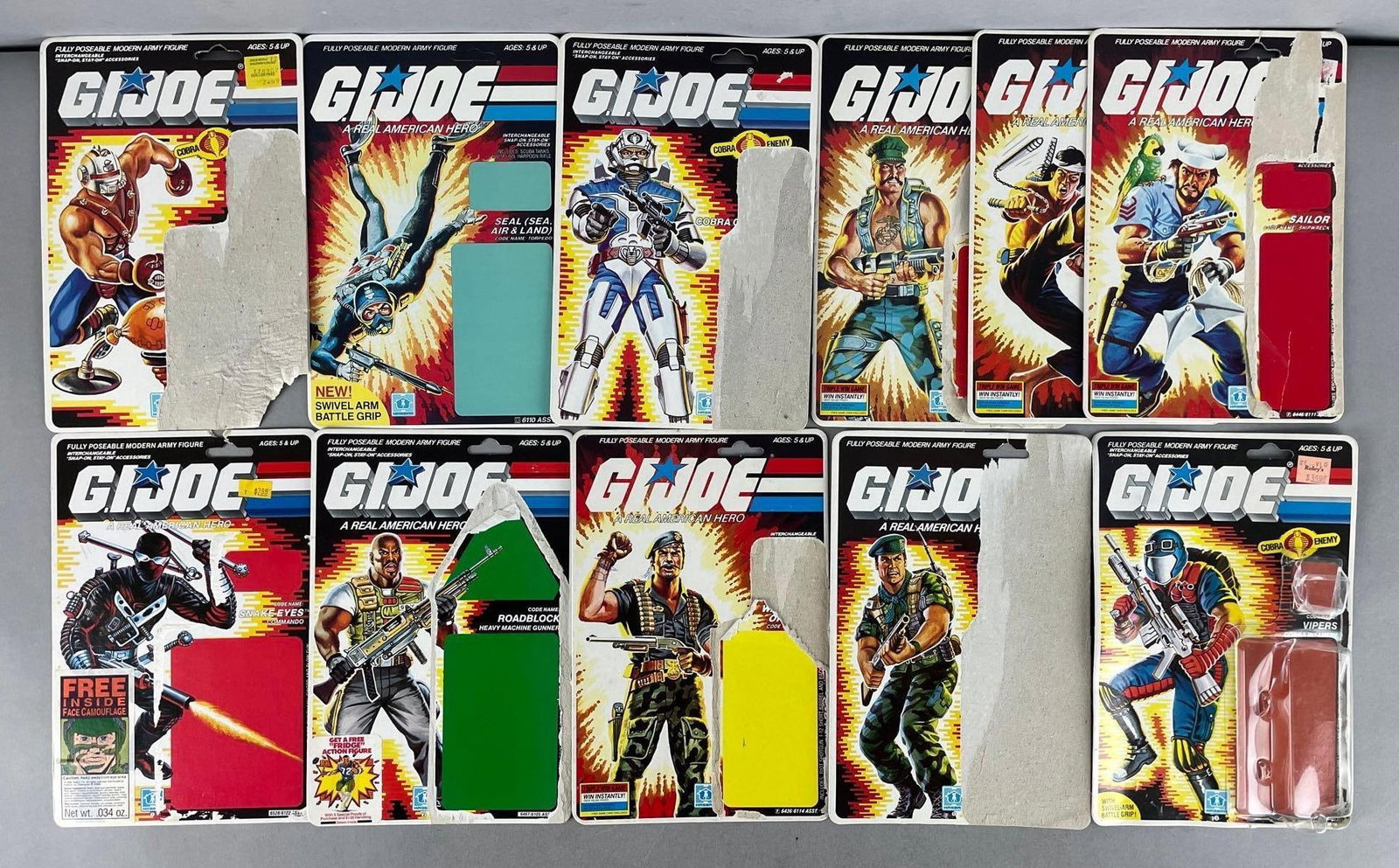 Group of 1980s Hasbro G.I. Joe Action Figure Cardbacks: Includes roadblock, snake eyes