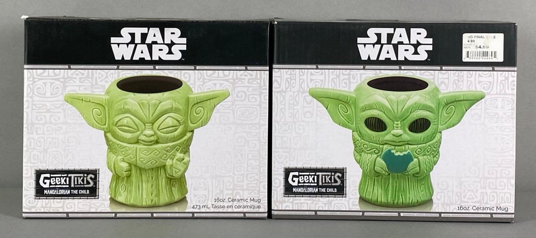 Group of 2 GeekiTikis Disney Star Wars Grogu Mugs: The mandolorian, in original boxes, each box measures 6” H x 7 1/2” W x 5” D