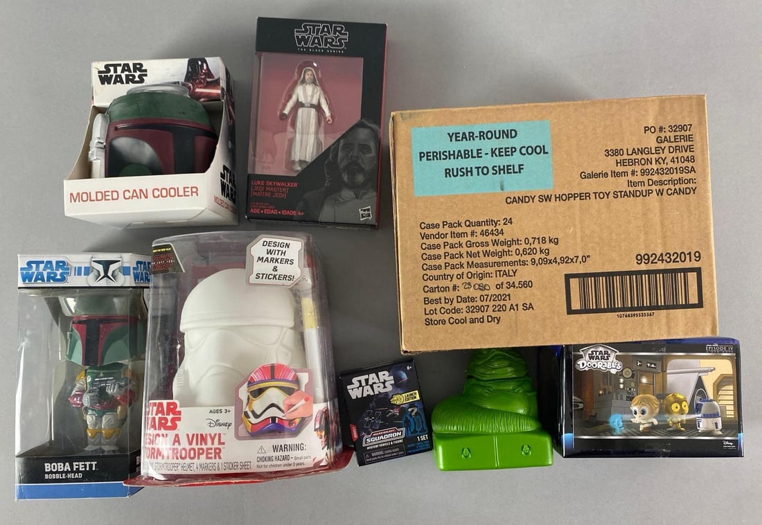Group of Disney Star Wars Items: Includes Doorables, design a vinyl stormtrooper, boba Fett bobblehead, largest measures 7” H x 6” W x 6” D