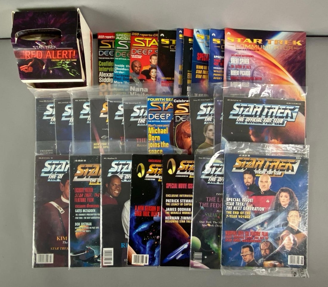 Group of Star Trek Magazines and More: includes fan club magazines and red alert disk game, largest measures 11” H x 8” W