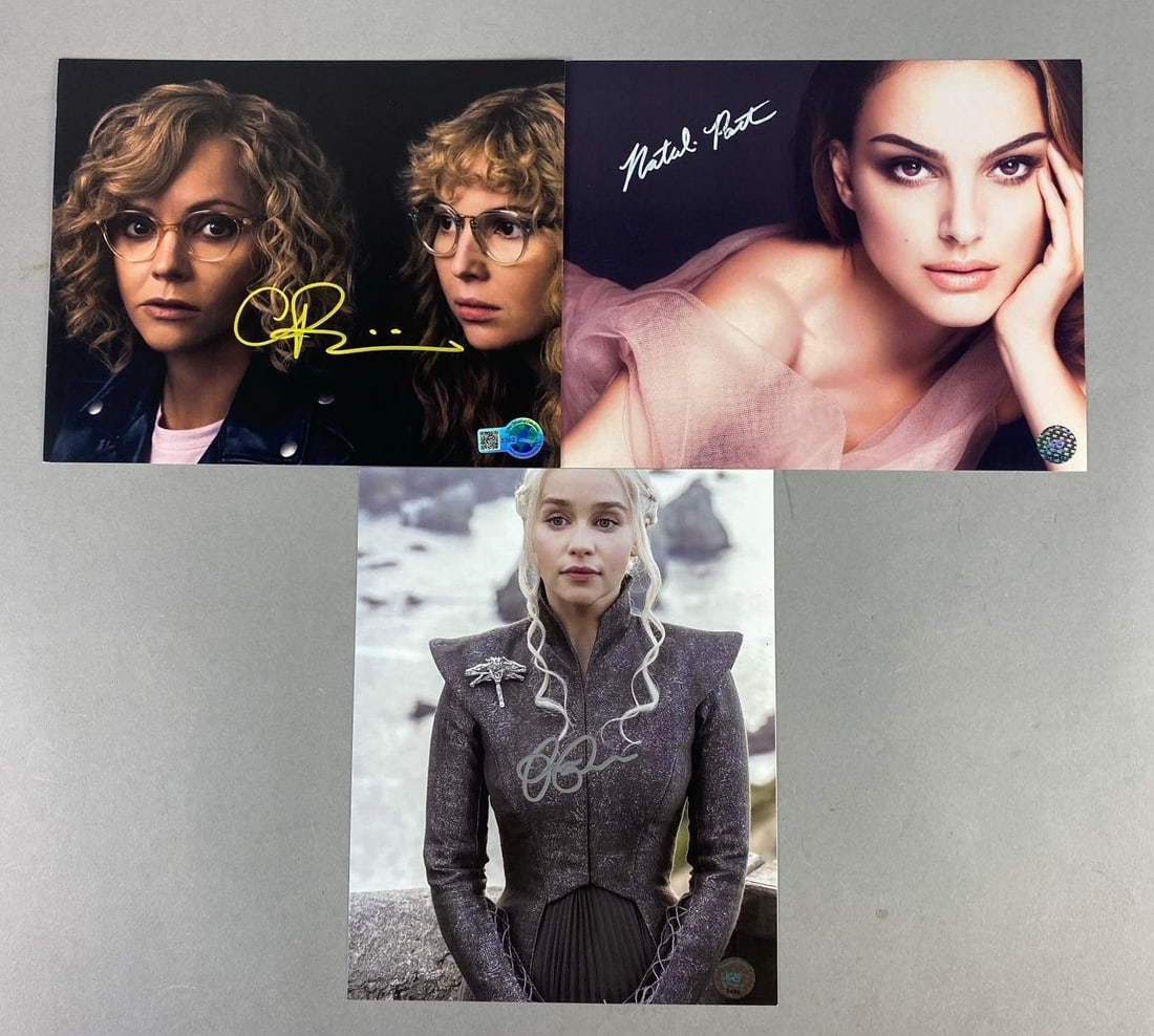 Group of 3 SIGNED Celebrity Prints: Includes Emilia Clarke Signed Print, Natalie Portman Signed Print, and Christina Ricci Signed Print. Has Kbauthentics Holographic Sticker Number 1456, 07918, and Wide World Collectibles 1456. One