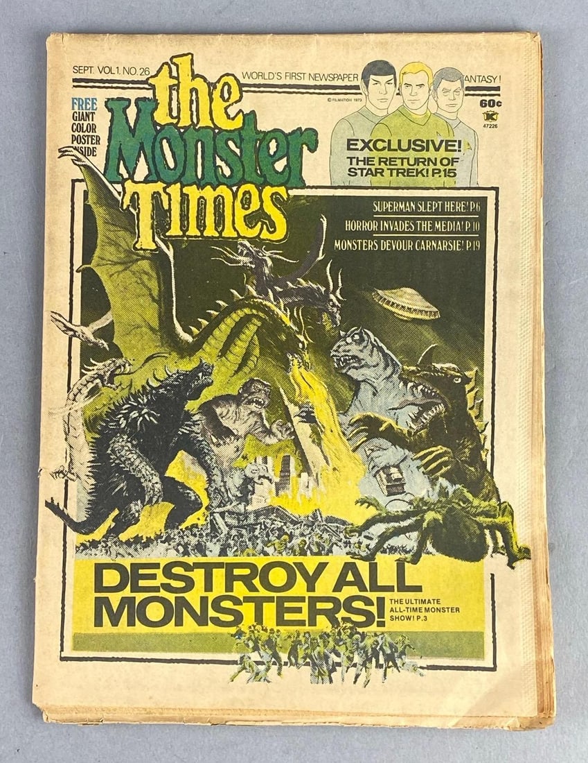 Filmation The Monster Times Vol.1 No.26 Newspaper: Sept 1973 issue. Measures L 11 x W 8 when folded. Has giant Destroy all Monsters poster inside.