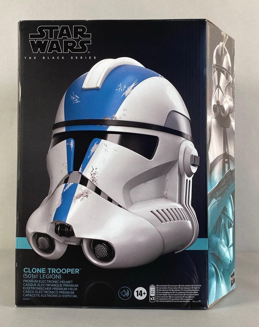 2024 Disney Star Wars The Black Series 501st Legion Clone Trooper Electronic Helmet: Untested, sealed, shelf wear present, measures 14” H x 13 1/2” W x 11 1/2” D