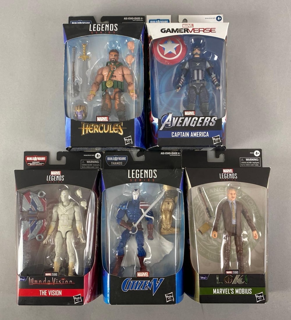 Group of 2020s Marvel Legends Series Action Figures: Sealed, includes mobius, citizen V, the vision and more, each measures 11 1/2” H x 6” W x 2 1/2” D