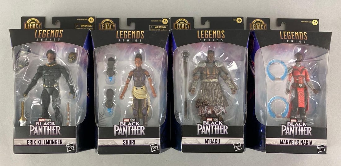 Group of 2022 Marvel Legends Series Black Panther Action Figures: Sealed, includes Nakia, Shuri, Erik killmonger and M’baku, each measures 11 1/2” H x 6” W x 2 1/2” D
