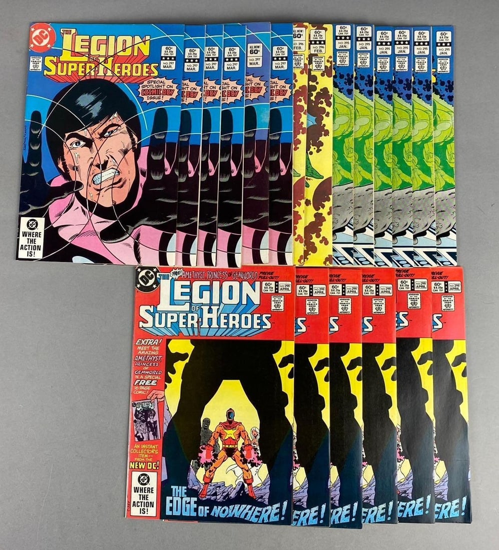 Group of Assorted DC Comics: Includes 6 The Legion of Superheroes No.295, 2 No.296, 6 No.297, and 5 No.298. Circa 1980. One measures L 10 x W 6 1/2 inches.