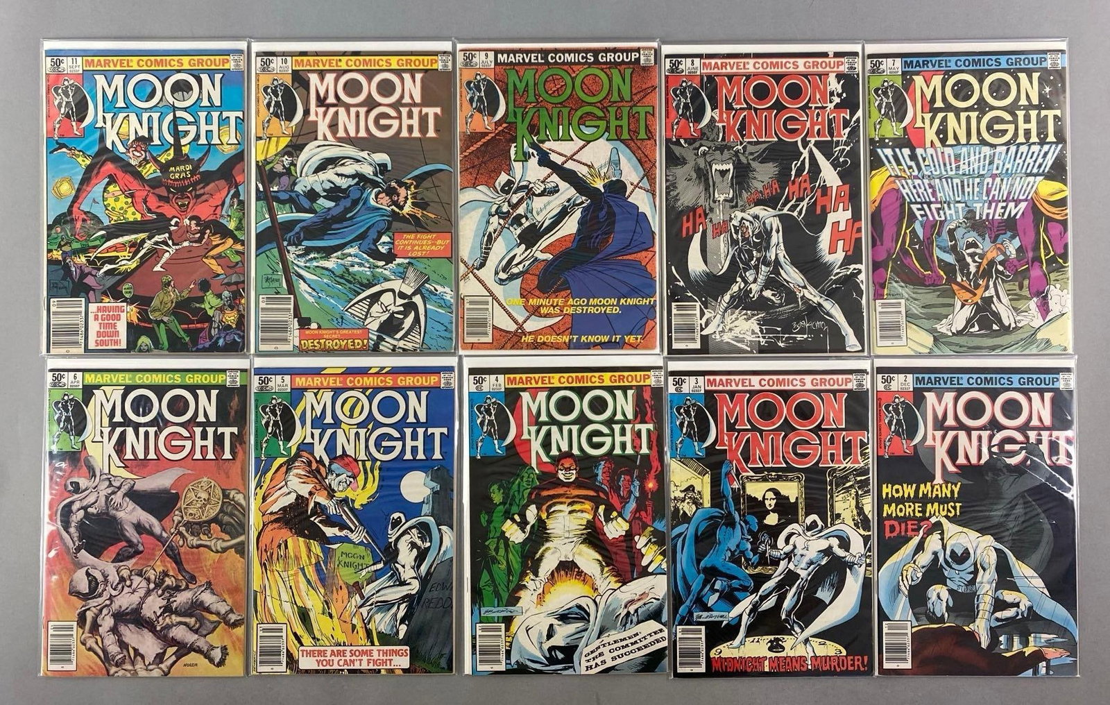 Group of Marvel Moon Knight Comic Books: 1980-1981 bronze age, 50¢, No. 2-11, bagged and boarded,