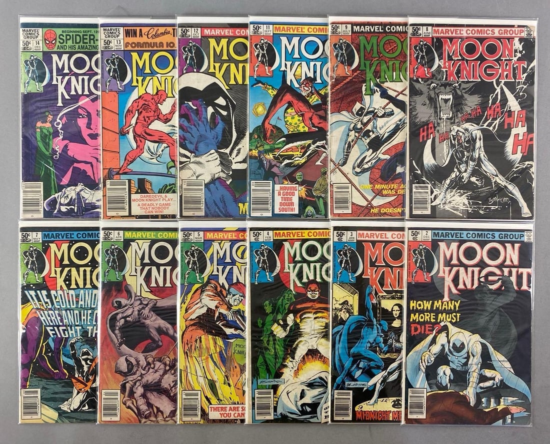 Group of Marvel Moon Knight Comic Books: 1980-1981 bronze age, 50¢, No. 2-14, bagged and boarded
