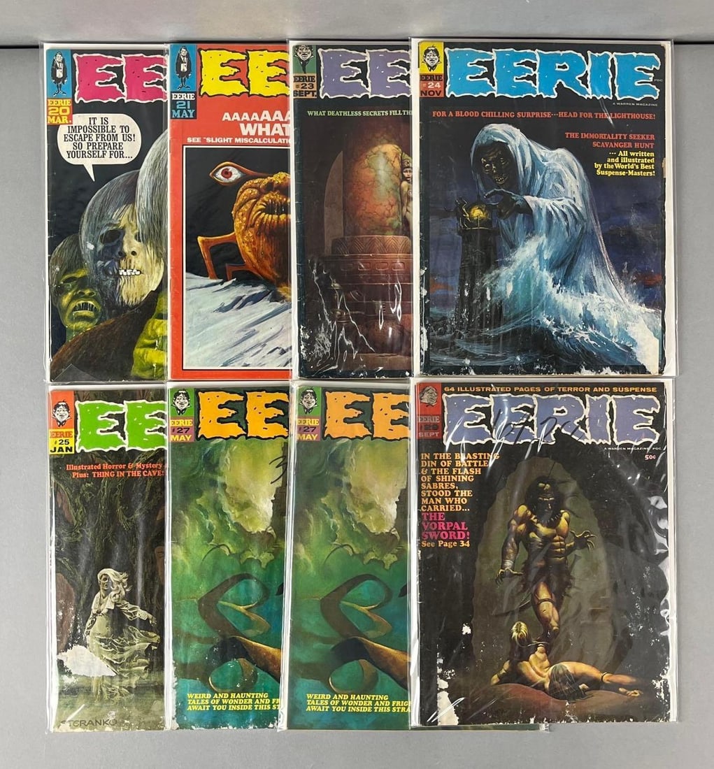 Group of 8 Eerie Horror Magazines: Includes issue No. 20, 24, 27 and more.