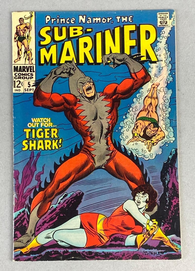 Marvel Comics Prince Namor, The Sub-Mariner No.5: 1st Appearance of Tiger Shark (Todd Arliss) - 1st Appearance of Dr. Dorcas & Diane Arliss, September 1968 Issue. Silver Age.