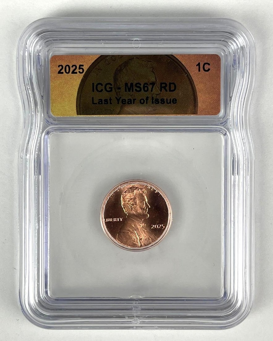 2025 Lincoln Head Shield Cent ICG MS67 RD: Last year of issue.