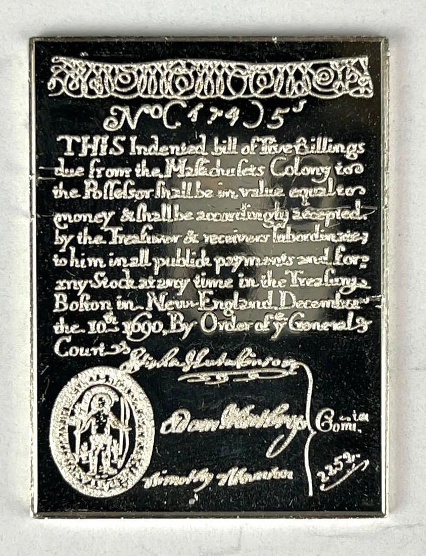 The Washington Mint Massachusetts 5 Shilling Design .28 oz .925 Sterling Silver Ingot/ Bar (1 of 2)