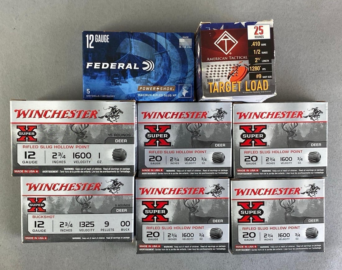 Group of 8 Shotgun Shell Boxes: Includes 20- Winchester 20 Gauge slugs, 25-12 gauge slugs and 25-.410 gauge bird shot