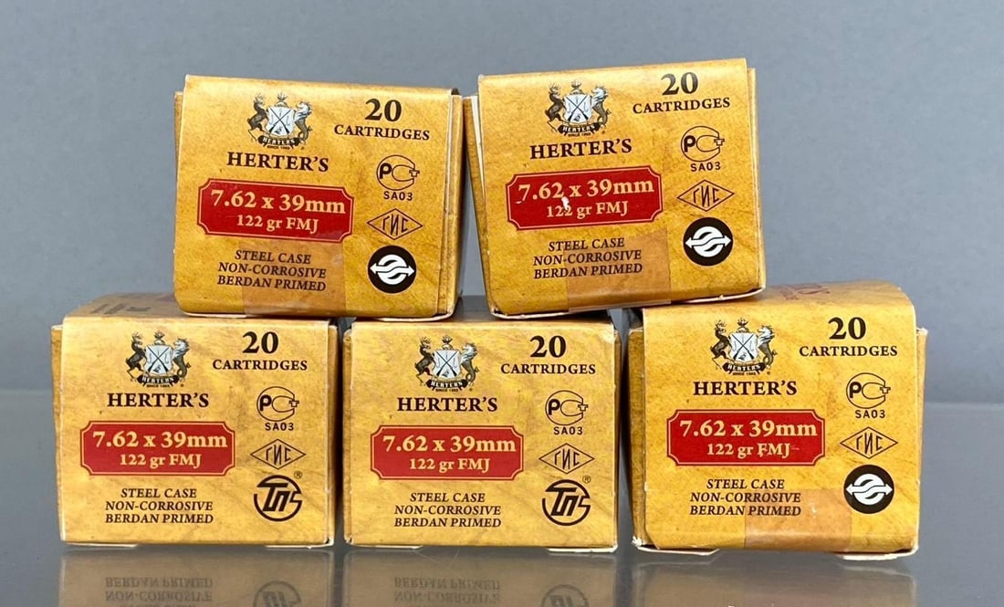 100 Rounds of Herter’s 20 Rounds 7.62x39mm 122 Gr. Ammunition: Steel case, Non-Corrosive, and Berdan Primed Ammo.
