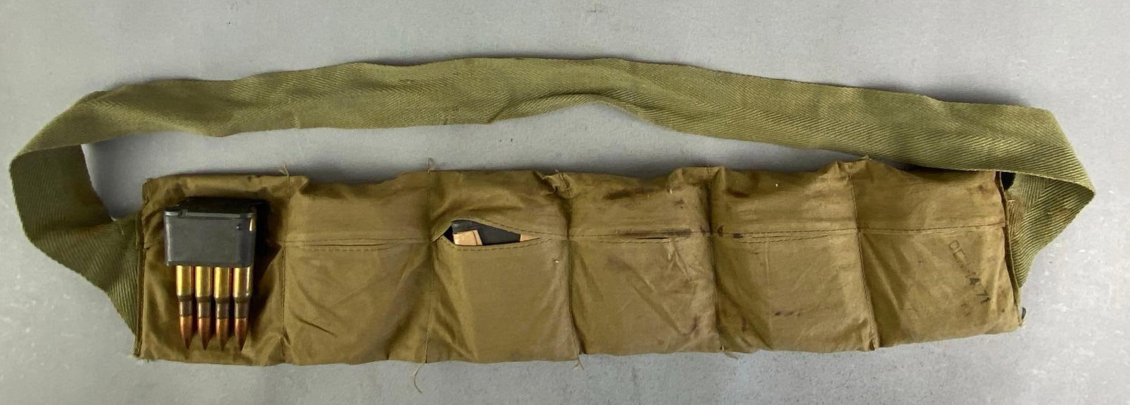 WW2 US Military .30 Cal Bandolier with Clips: 48 rounds total, includes 6 - 8 round clips, bandolier measures 20 1/2” W