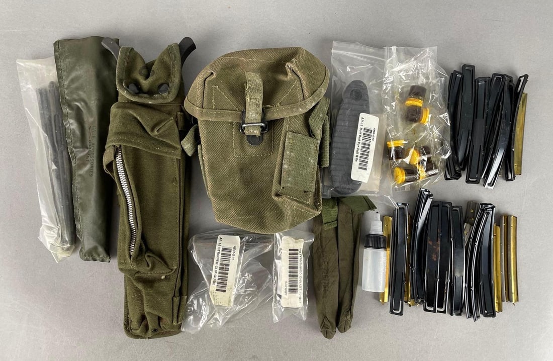 Group of Army Issue Rifle Accessories and More: Includes bipod with case, cleaning, levang compensator