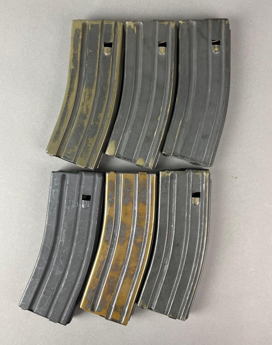 Group of 6 AR-15 Magazines: Illinois Residents May Not Participate In This Lot (Illinois Banned Item). Largest measures H 7 x W 2.5 x D 1 inches.