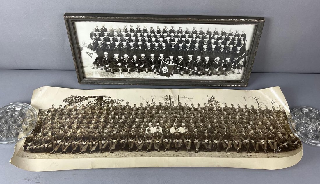 Group of 2 WW2 US Military Battalion Photos: Includes Navy and Army. Frame measures H 9 x W 20 x D 3/4 inches.