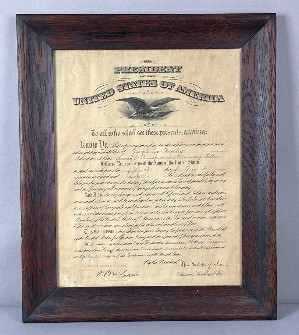 1917 US Army Officer Promotion Orders Document: Wear consistent with age. Frame measures H 18 x W 15 x D 3/4 inches.
