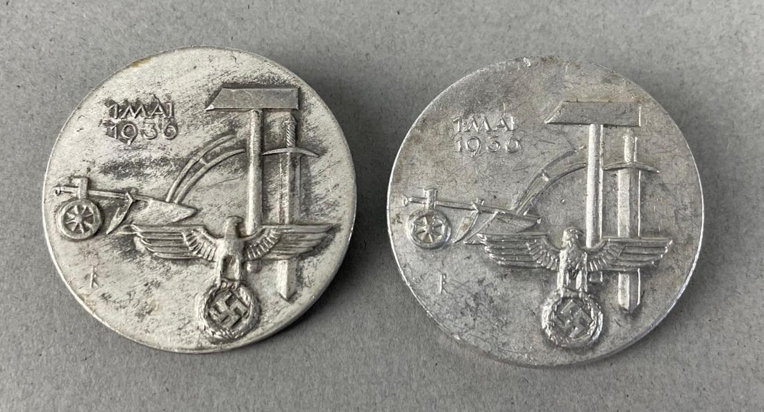 Group of 2 WW2 German 1936 Labor Day Tinnies: Measure 1 3/8", May day