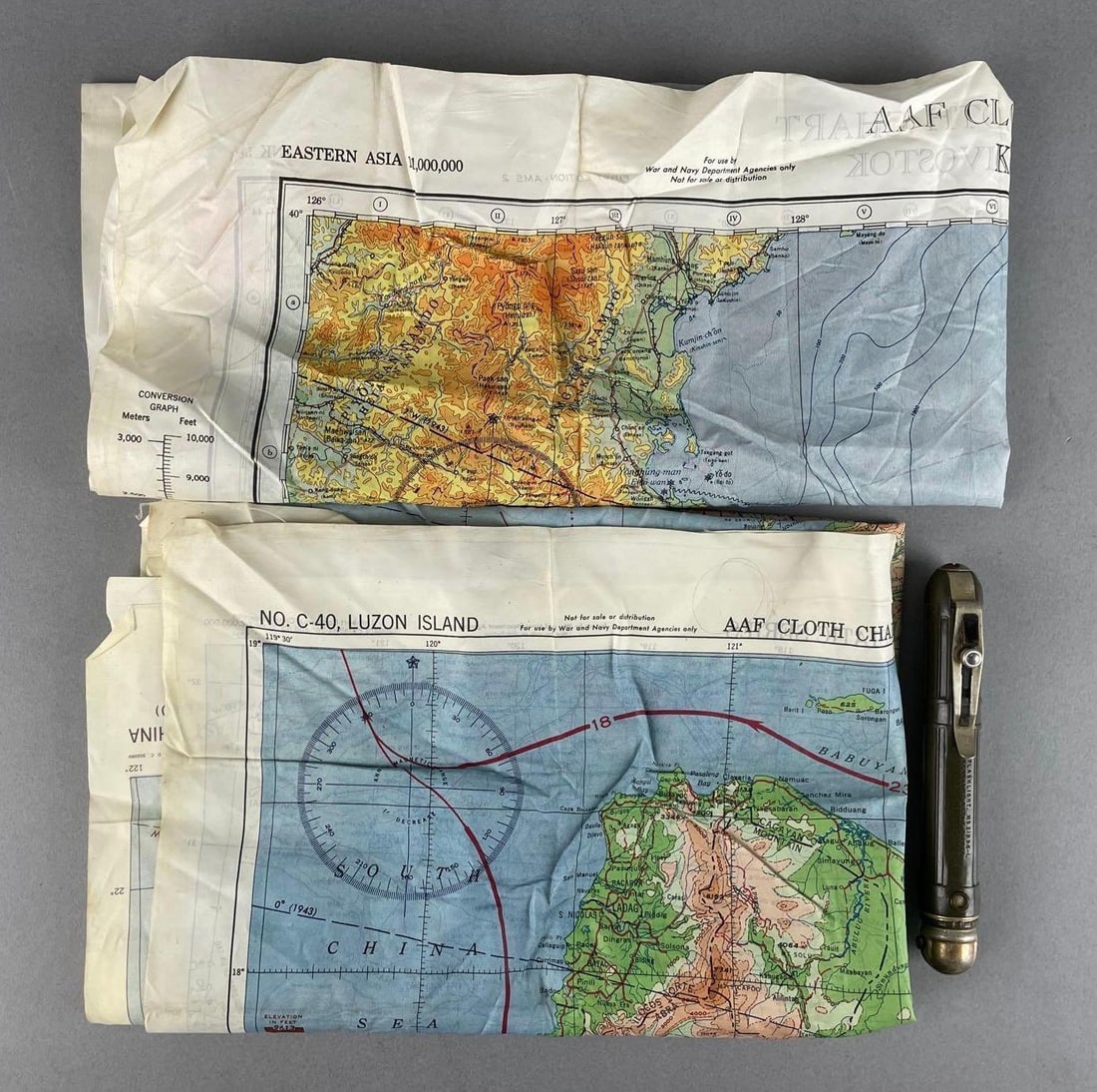 Group of 2 WW2 AAF Cloth Maps with Pilots Pen Light (1 of 6)