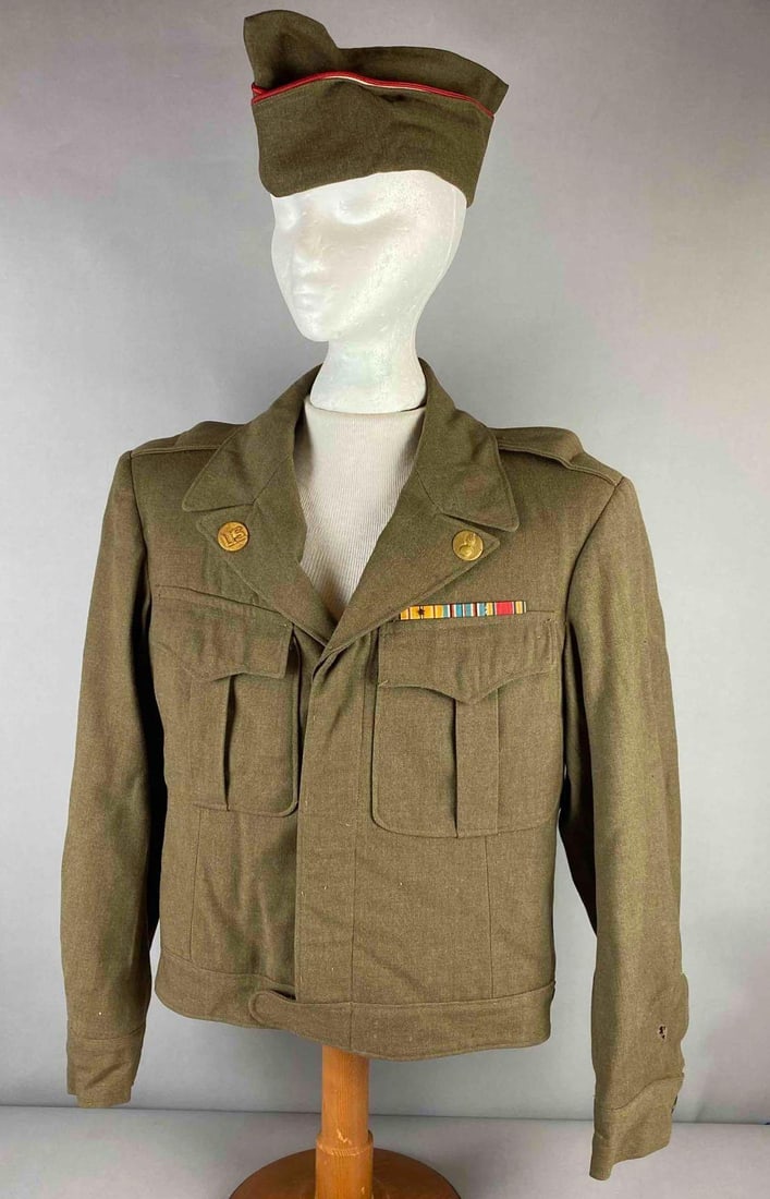 WW2 US Army Olive Drab Field Jacket with Garrison Cap: Jacket size is 38R. Mannequin not included.