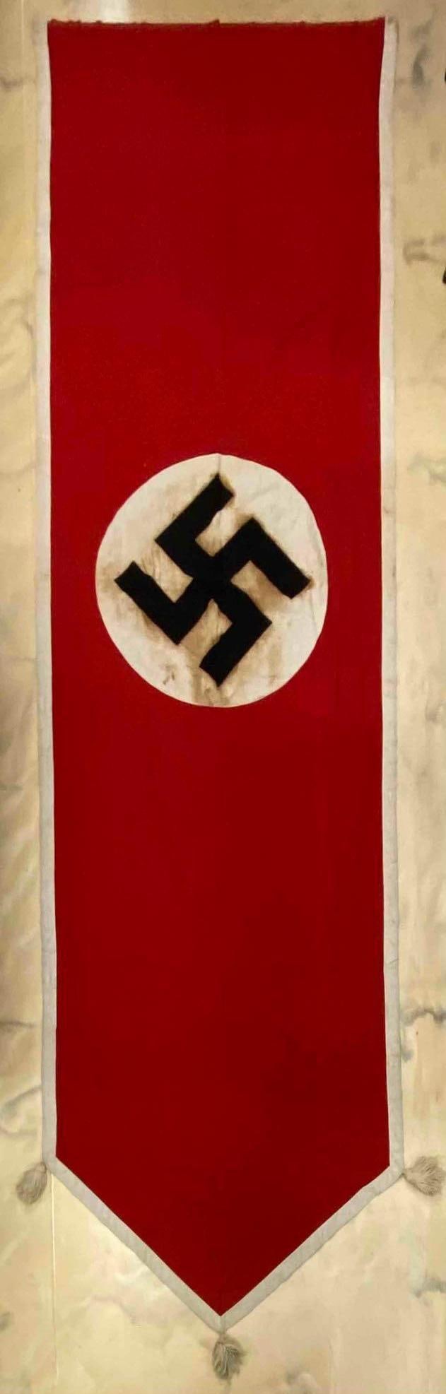 Large WW2 German Double Sided NSDAP Banner: Measures L 153 x W 45 inches. Has stains in middle