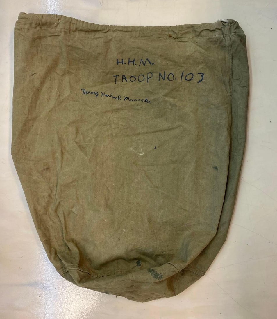WW2 US Army Named Laundry Bag: reads” H.H.M. Troop No. 103” and more. Measures 29” in length.