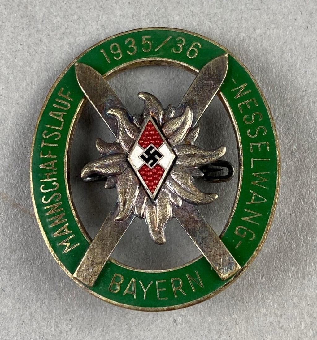 WW2 1935/ 36 German Alpine Hitler Youth Ski Badge: Mfg by H. And Co. Munchen Germany. Measure L 1 1/2 x W 1 1/2 inches.