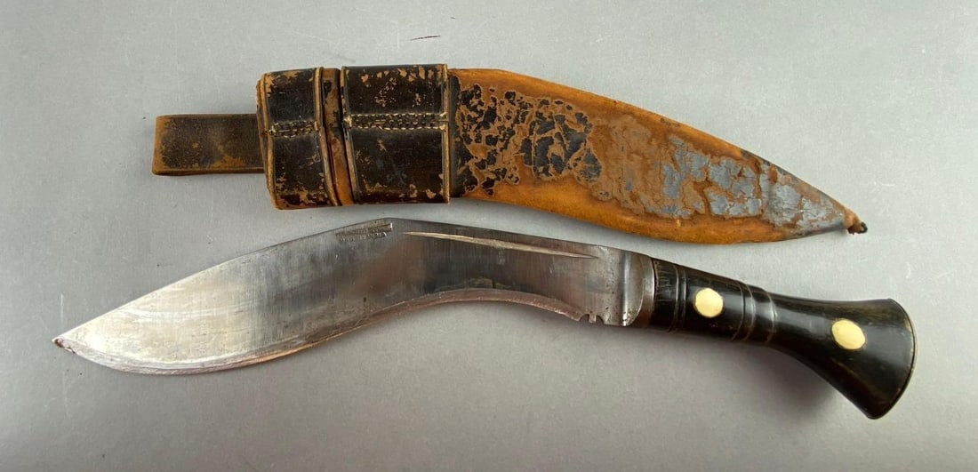 Indian Gurkha Fighting Fixed Combat Knife: Leather cracking on sheath. Blade has been sharpened . Measures 14 1/2” in length