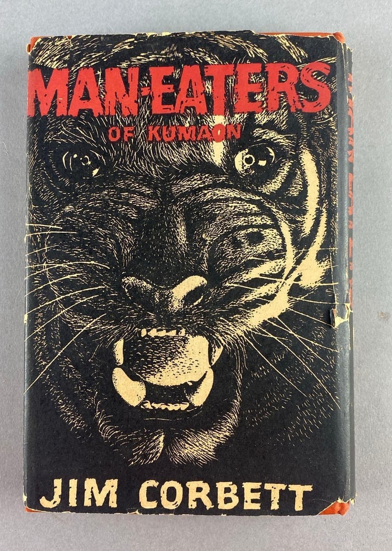 1946 Man Eaters Of Kumaon First American Edition Hardcover: By Jim Corbett. Cover page has rips and tears throughout. Measures L 8 x W 5 1/2 inches.